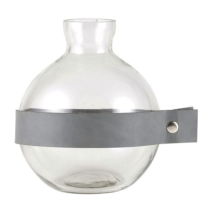 Glass & Leather Vase Round - Grey