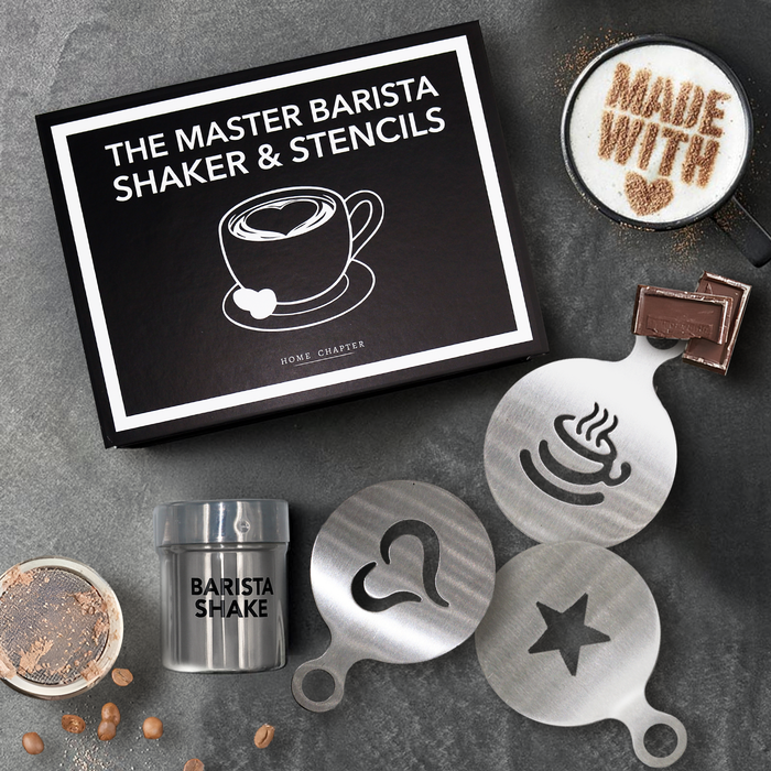 The Master Barista Shaker & Stencils Book Box